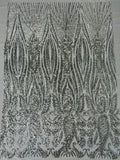 Paisley Sequin Fabric - Silver - Line Pattern 4 Way Stretch Elegant Fabric By The Yard