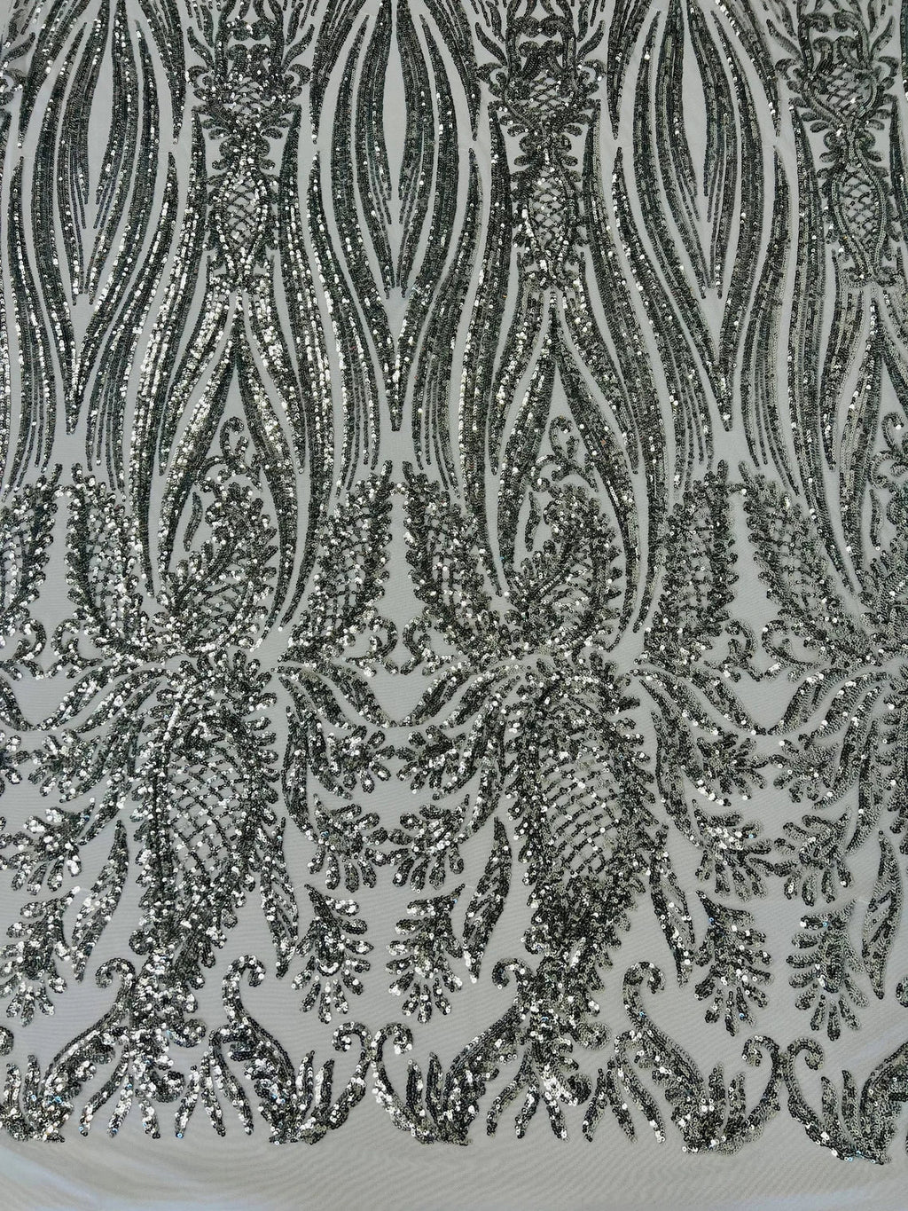 Paisley Sequin Fabric - Silver - Line Pattern 4 Way Stretch Elegant Fabric By The Yard