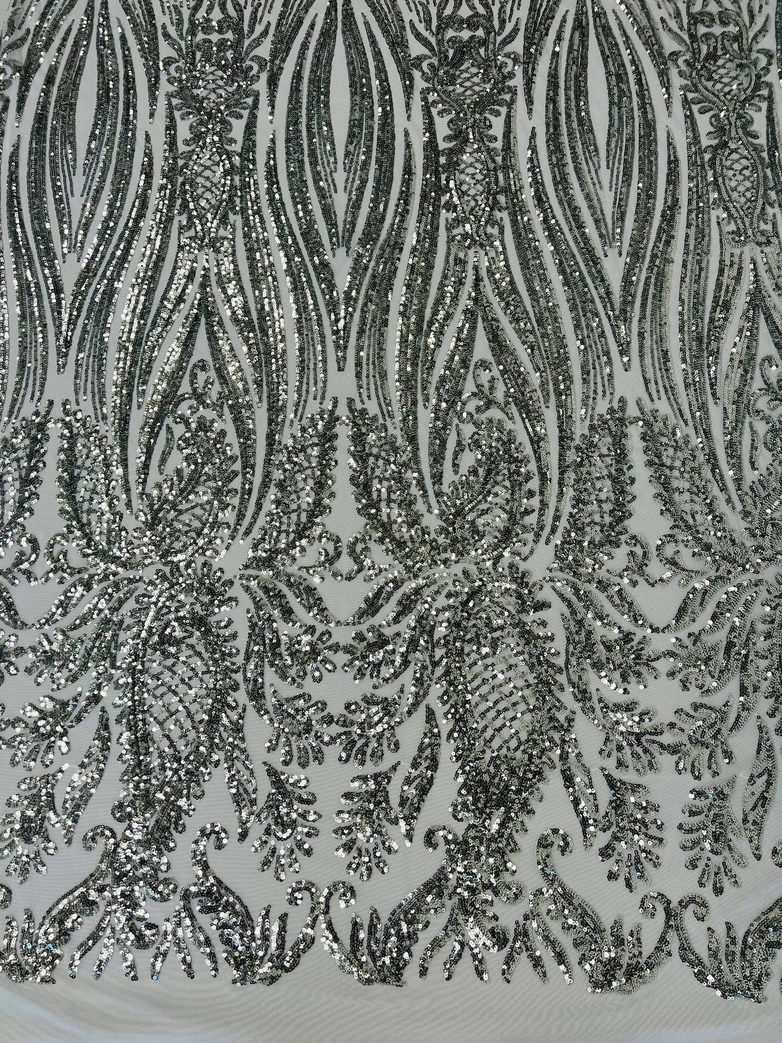 Paisley Sequin Fabric - Silver - Line Pattern 4 Way Stretch Elegant Fabric By The Yard