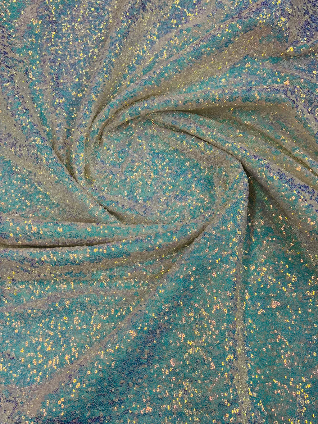 Mini Glitz Sequins - Iridescent Blue/ White on White Mesh - Mini Sequins 4 Way Stretch Mesh Fabric