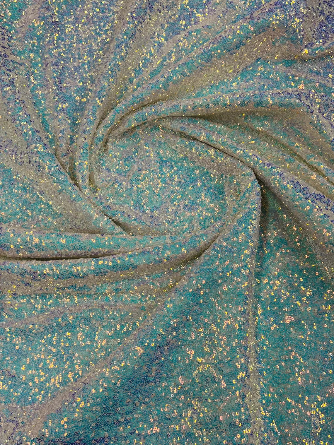 Mini Glitz Sequins - Iridescent Blue/ White on White Mesh - Mini Sequins 4 Way Stretch Mesh Fabric