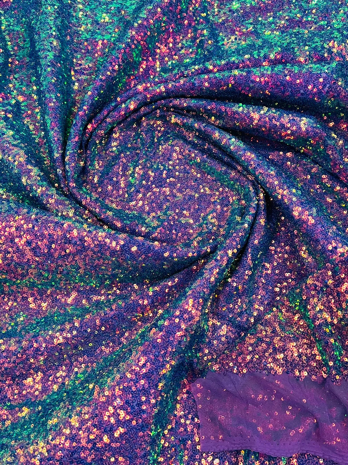 Mini Glitz Sequins - Iridescent Purple on Purple Mesh - Mini Sequins 4 Way Stretch Mesh Fabric