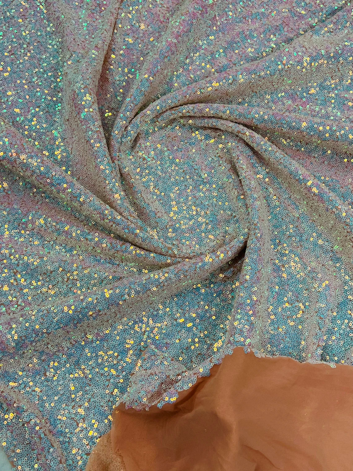 Mini Glitz Sequins - Iridescent Blue/ Pink on Nude Mesh - Mini Sequins 4 Way Stretch Mesh Fabric