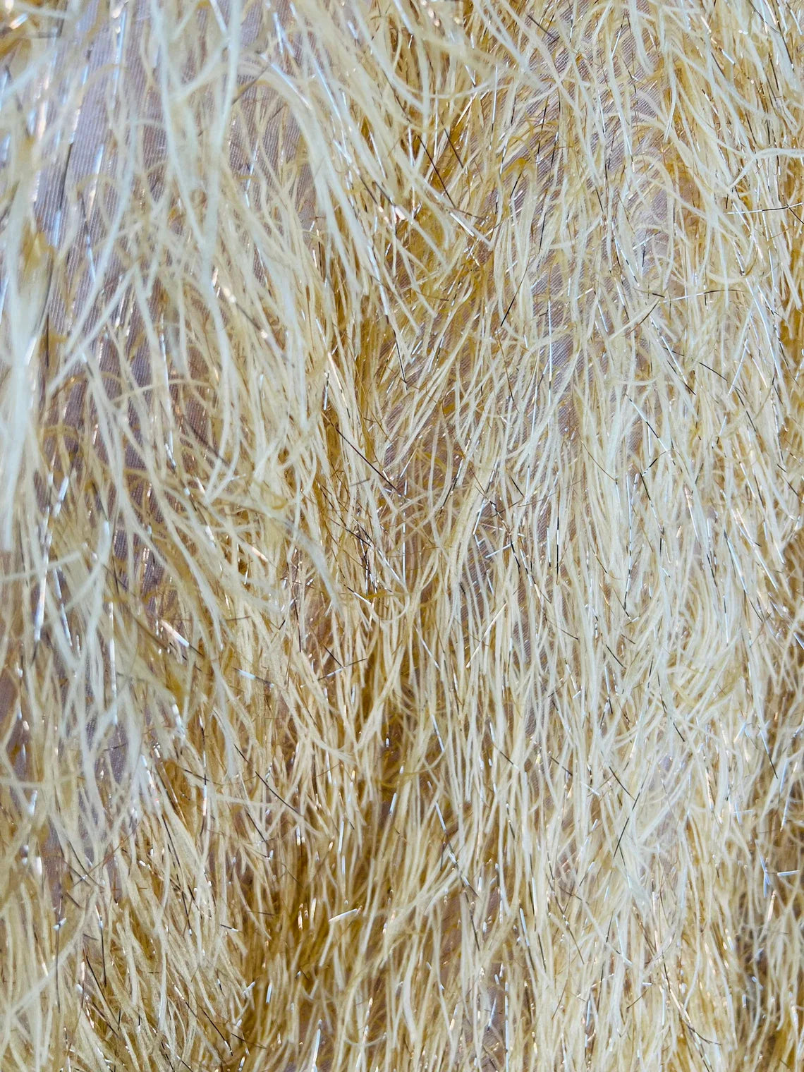Metallic Eyelash Fabric - Gold - Feather/Eyelash/Fringe Design on Mesh By Yard