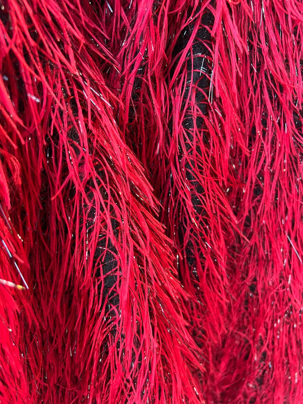 Metallic Eyelash Fabric - Red on Black - Feather/Eyelash/Fringe Design on Mesh By Yard