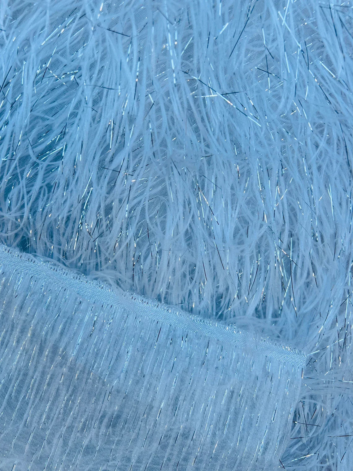 Metallic Eyelash Fabric - White - Feather/Eyelash/Fringe Design on Mesh By Yard