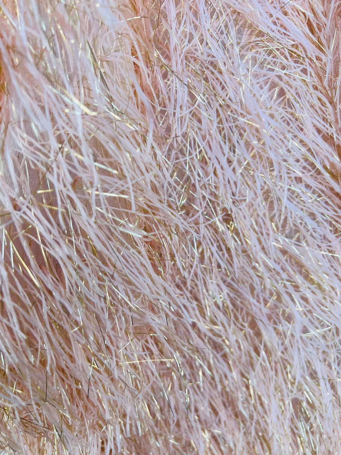 Metallic Eyelash Fabric - Peach - Feather/Eyelash/Fringe Design on Mesh By Yard