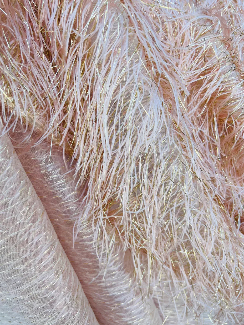 Metallic Eyelash Fabric - Peach - Feather/Eyelash/Fringe Design on Mesh By Yard