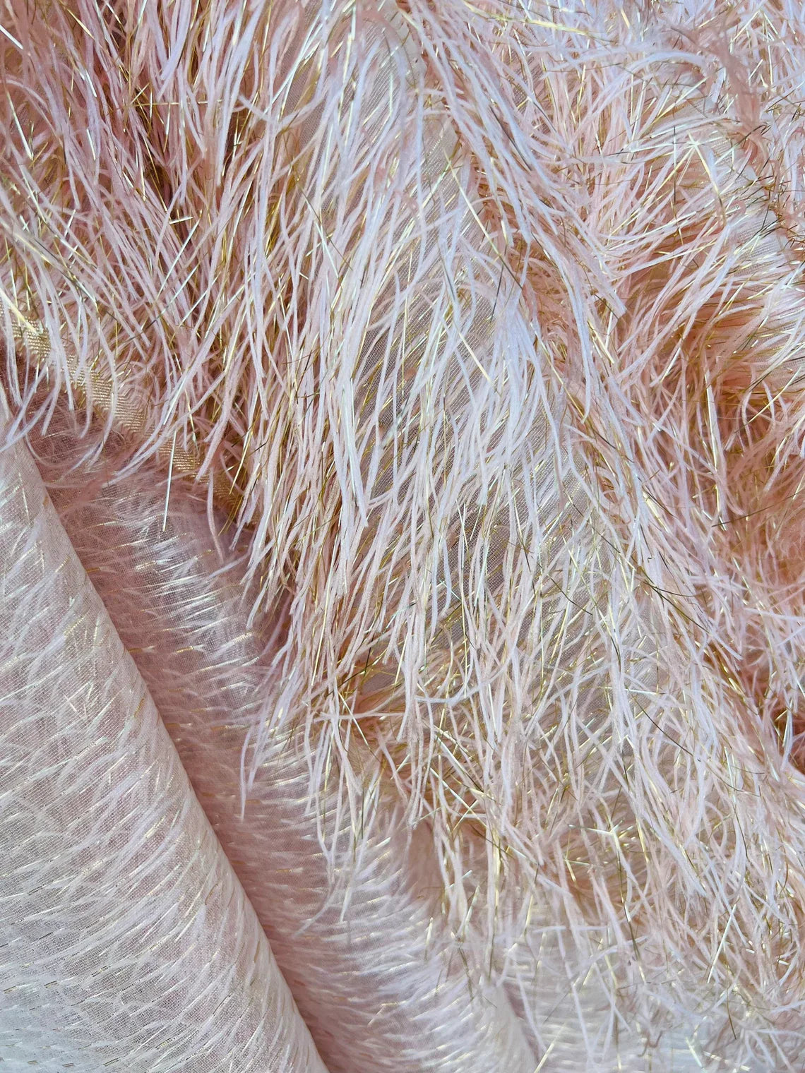 Metallic Eyelash Fabric - Peach - Feather/Eyelash/Fringe Design on Mesh By Yard