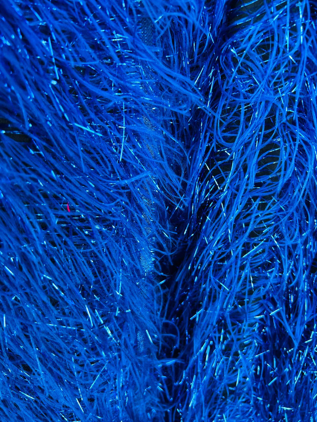 Metallic Eyelash Fabric - Royal Blue - Feather/Eyelash/Fringe Design on Mesh By Yard