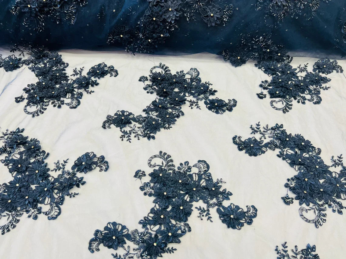 3D Flowers and Rhinestone - Navy Blue - Elegant Realistic Flowers Embroidered On Lace Fabric By Yard