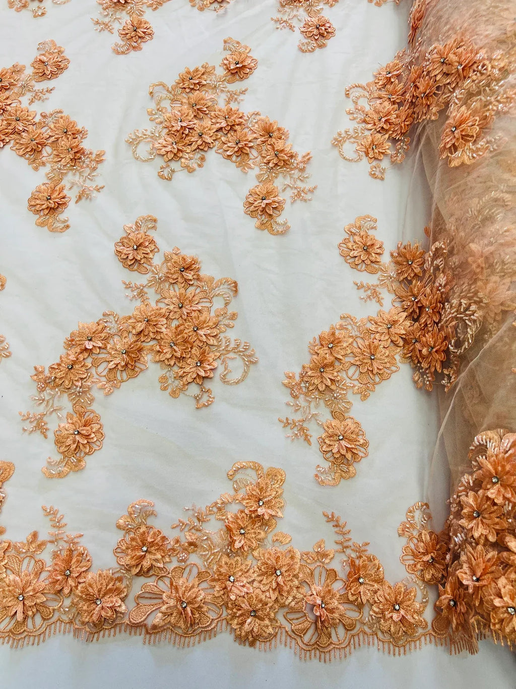 3D Flowers and Rhinestone - Peach - Elegant Realistic Flowers Embroidered On Lace Fabric By Yard