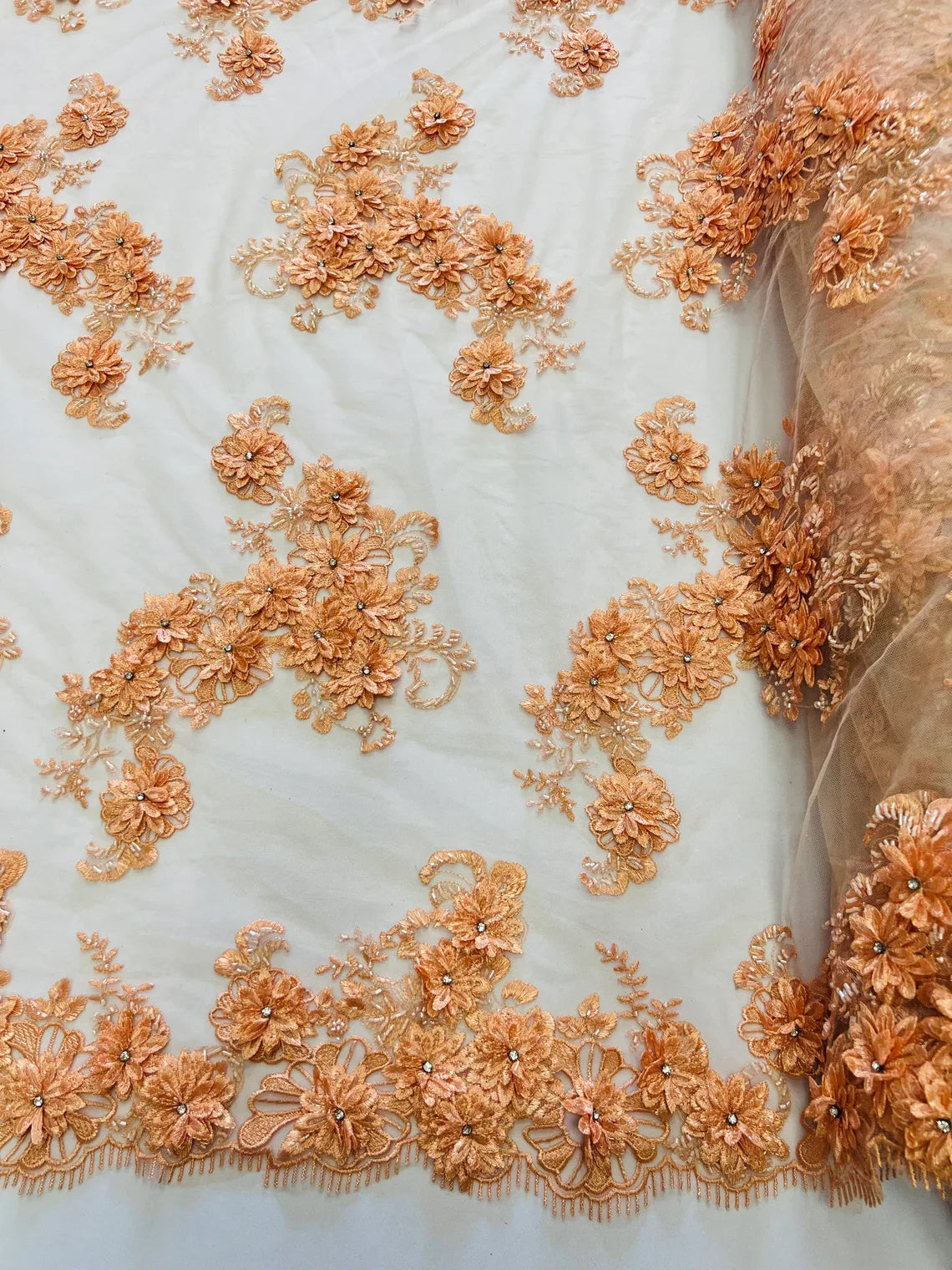 3D Flowers and Rhinestone - Peach - Elegant Realistic Flowers Embroidered On Lace Fabric By Yard