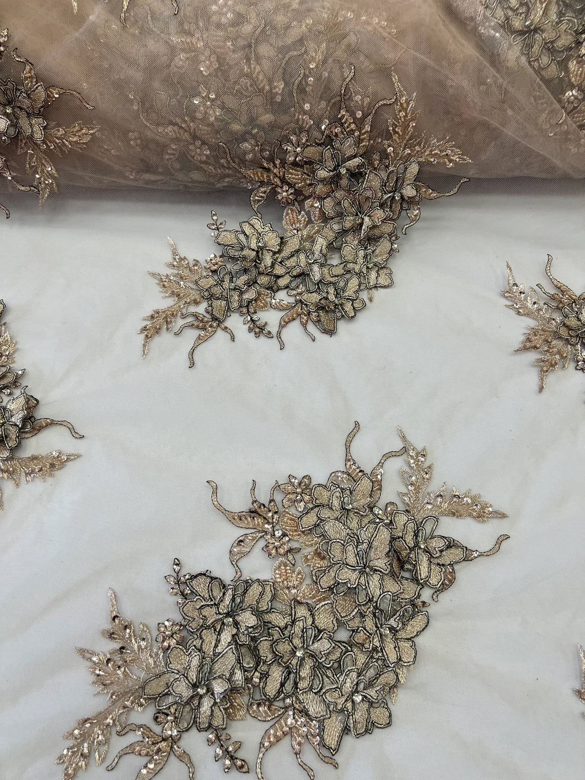 3D Floral Clusters with Rhinestone - Dark Nude Black Thread Embroidered Flowers Beads On Lace Yard