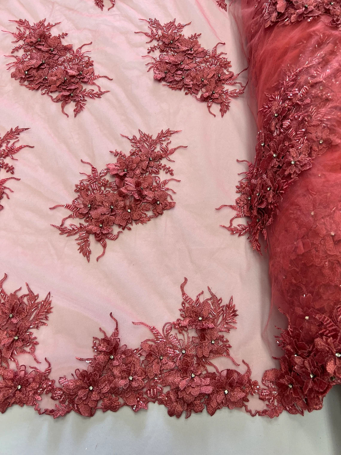 3D Floral Clusters with Rhinestone - Coral - Embroidered Flowers Beads On Lace Yard