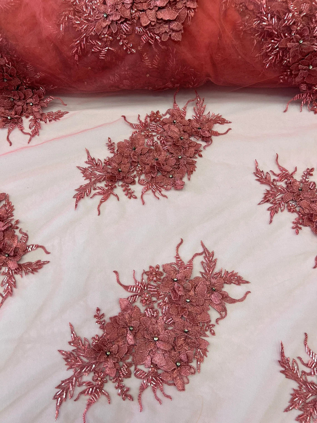 3D Floral Clusters with Rhinestone - Coral - Embroidered Flowers Beads On Lace Yard