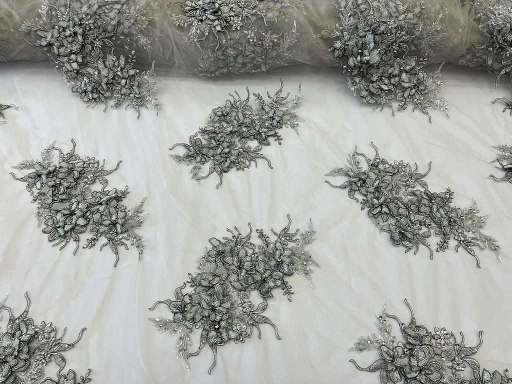 3D Floral Clusters with Rhinestone - Silver Embroidered Flowers Beads On Lace Yard
