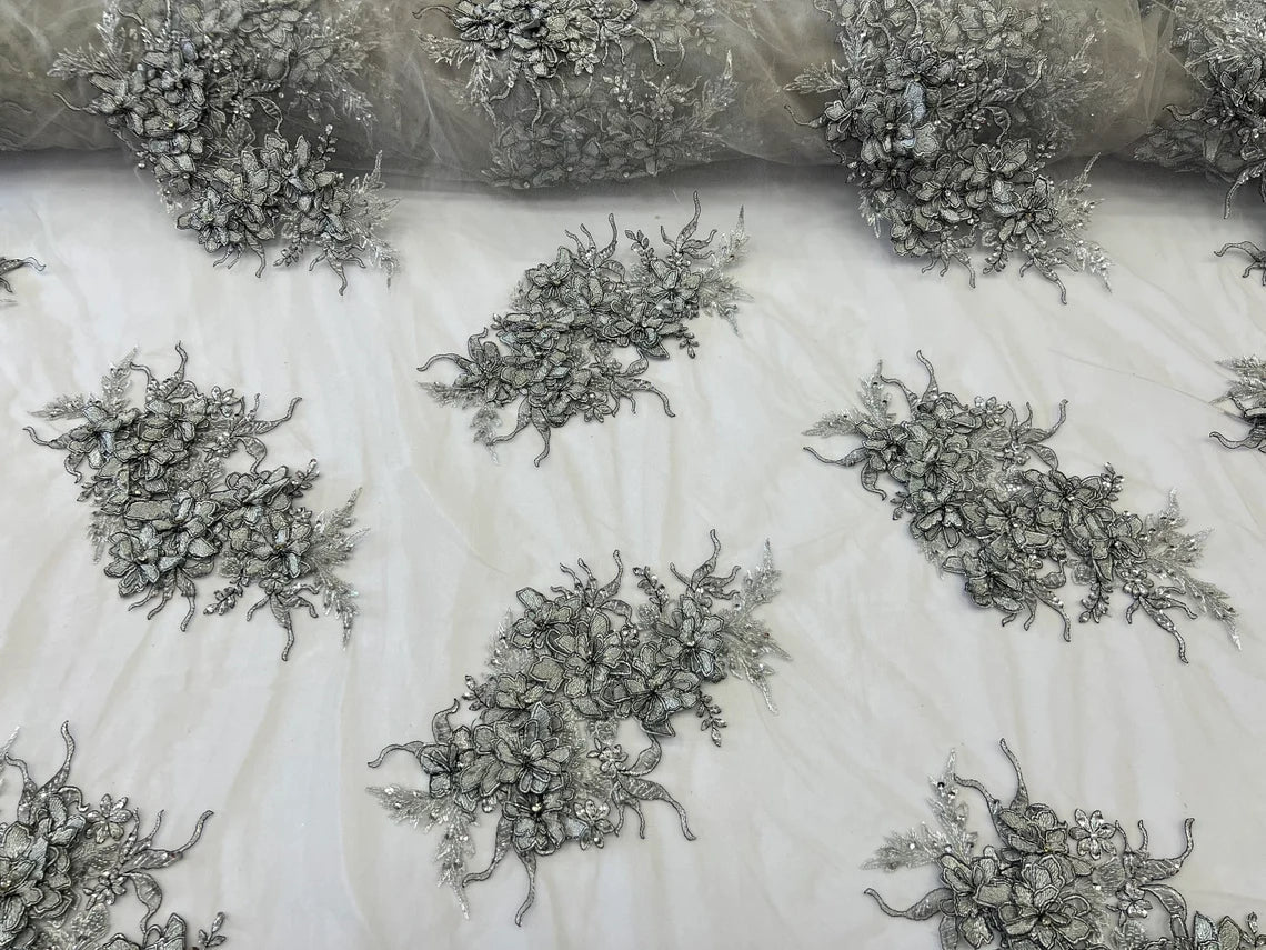 3D Floral Clusters with Rhinestone - Silver Embroidered Flowers Beads On Lace Yard
