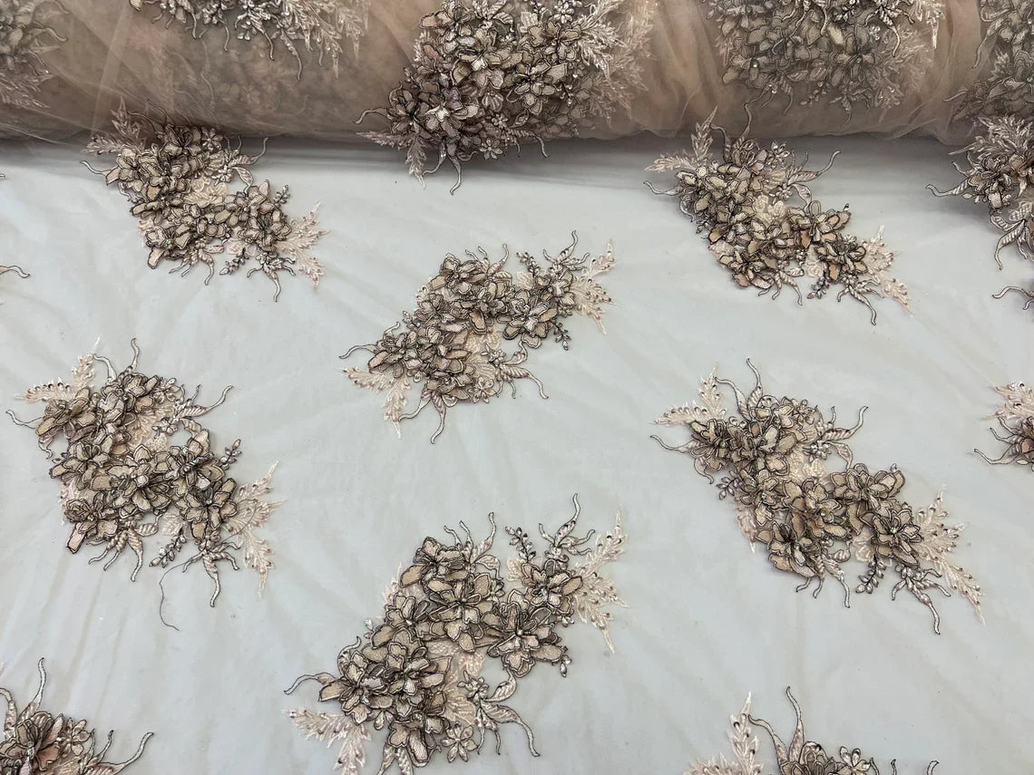 3D Floral Clusters with Rhinestone - Light Brown Black Thread Embroidered Flowers Beads On Lace Yard