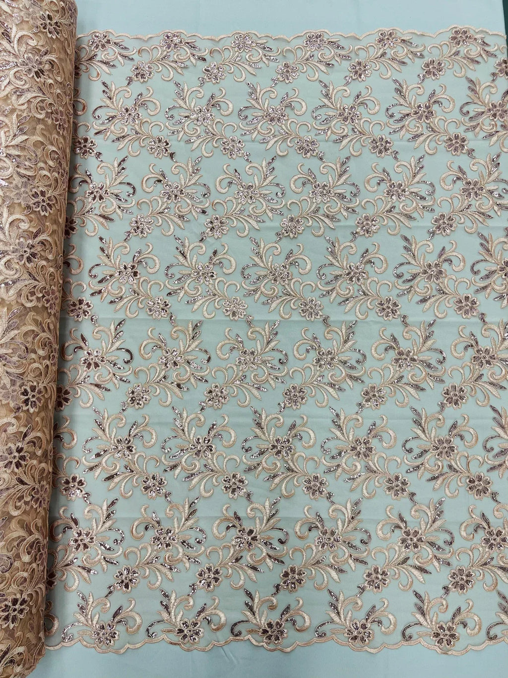 Small Flower Fabric - Peach - Floral Plant Embroidered Design on Lace Mesh By Yard