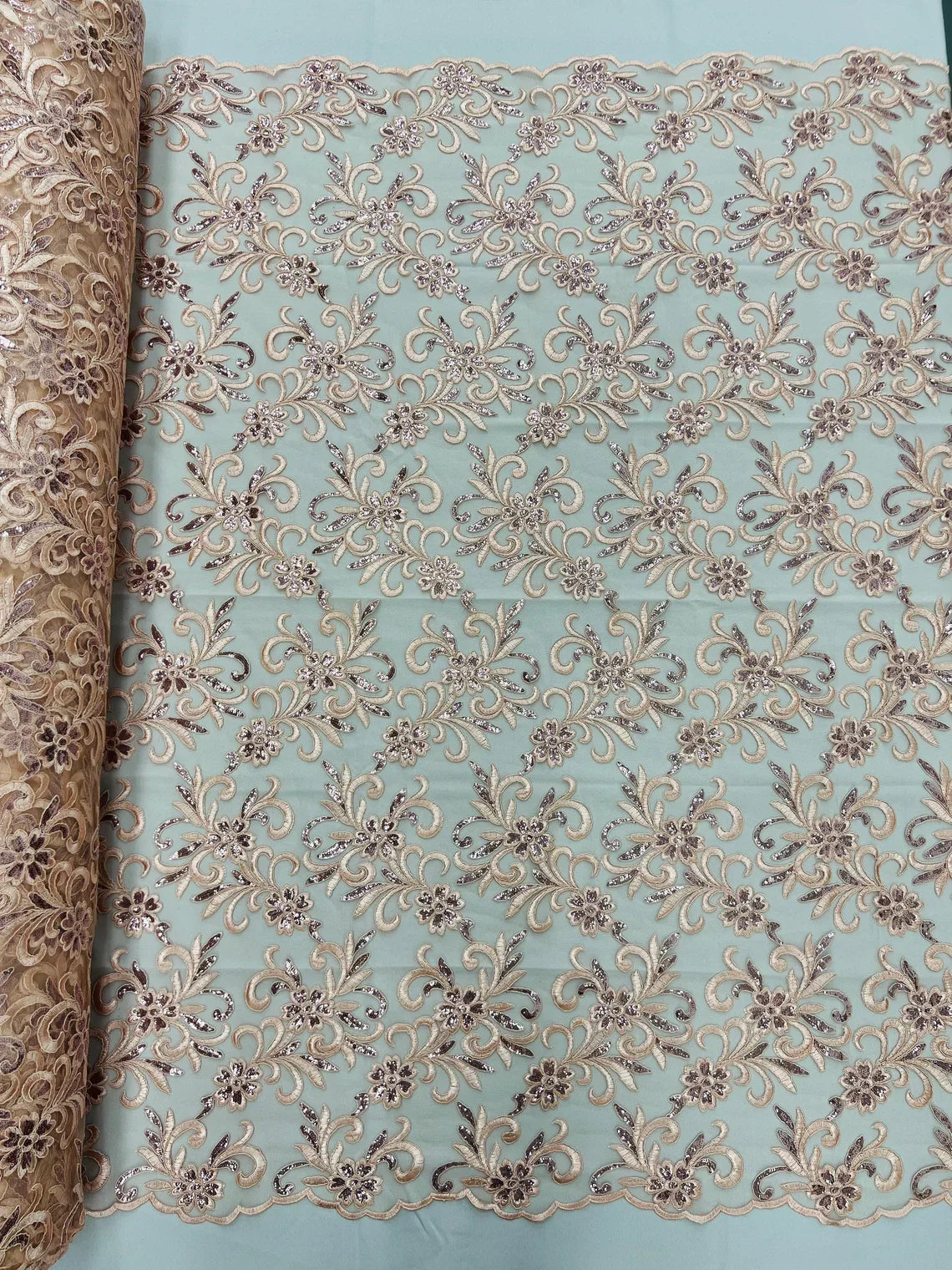 Small Flower Fabric - Peach - Floral Plant Embroidered Design on Lace Mesh By Yard