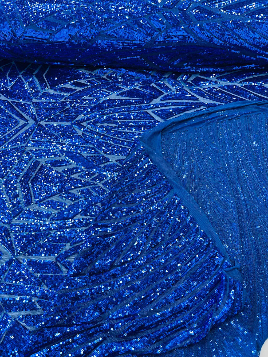 Geometric Fabric - Royal Blue - Geometric Sequins Pattern Design 4 Way Stretch Sold By Yard