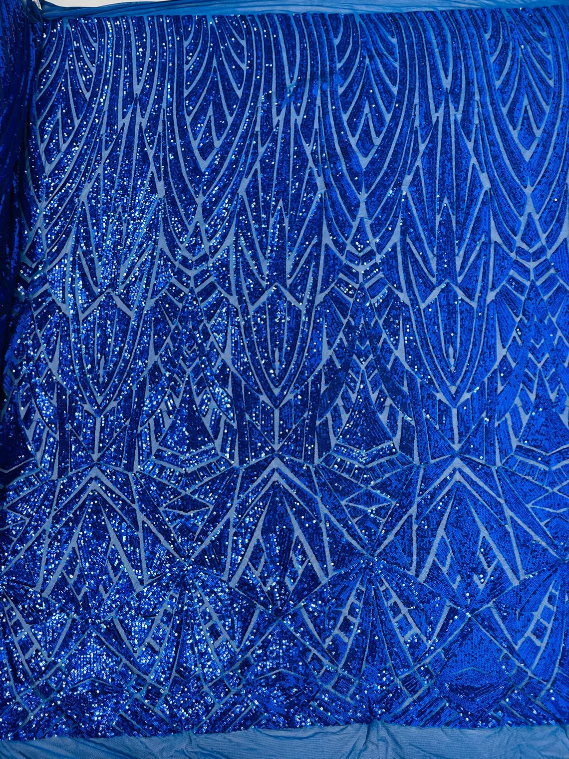 Geometric Fabric - Royal Blue - Geometric Sequins Pattern Design 4 Way Stretch Sold By Yard