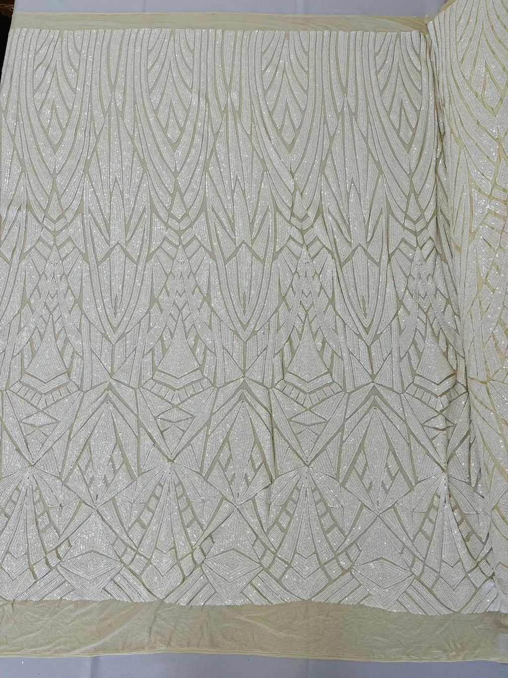 Geometric Fabric - White - Geometric Sequins Pattern Design 4 Way Stretch Sold By Yard