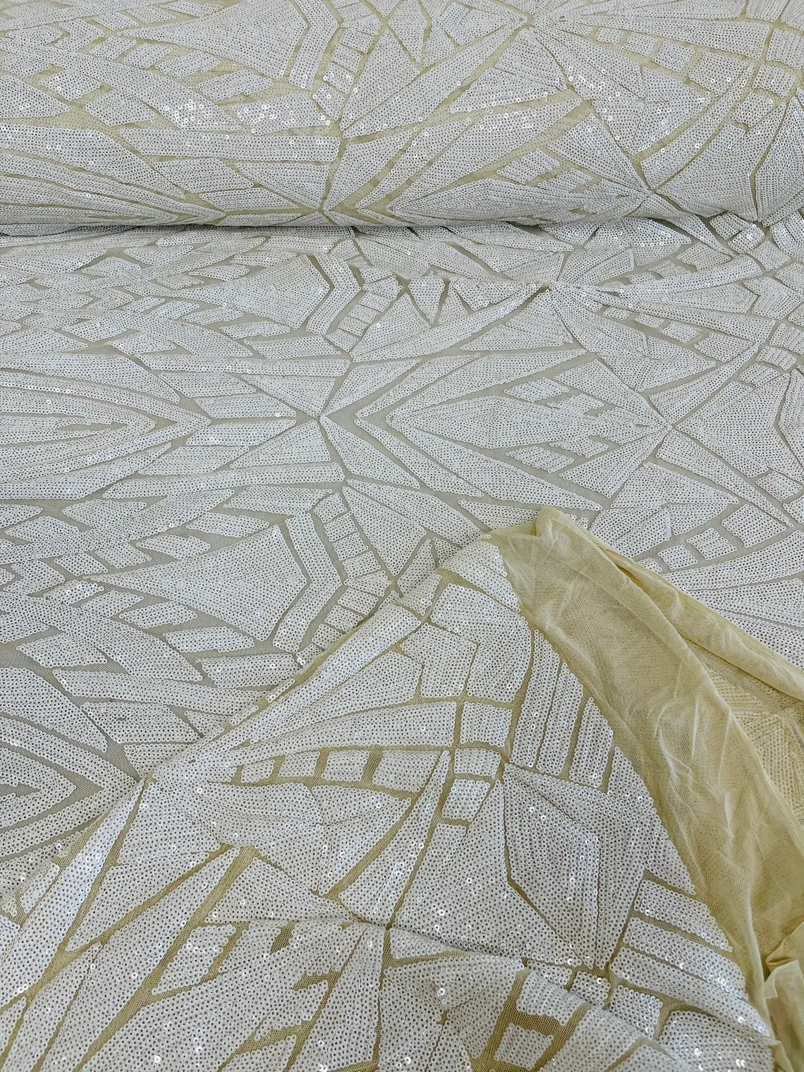 Geometric Fabric - White - Geometric Sequins Pattern Design 4 Way Stretch Sold By Yard