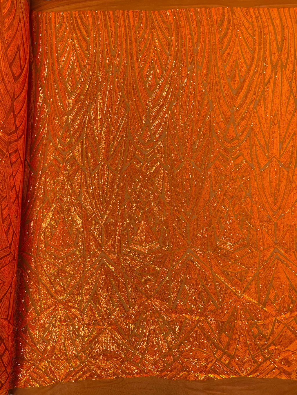 Geometric Fabric - Orange - Geometric Sequins Pattern Design 4 Way Stretch Sold By Yard