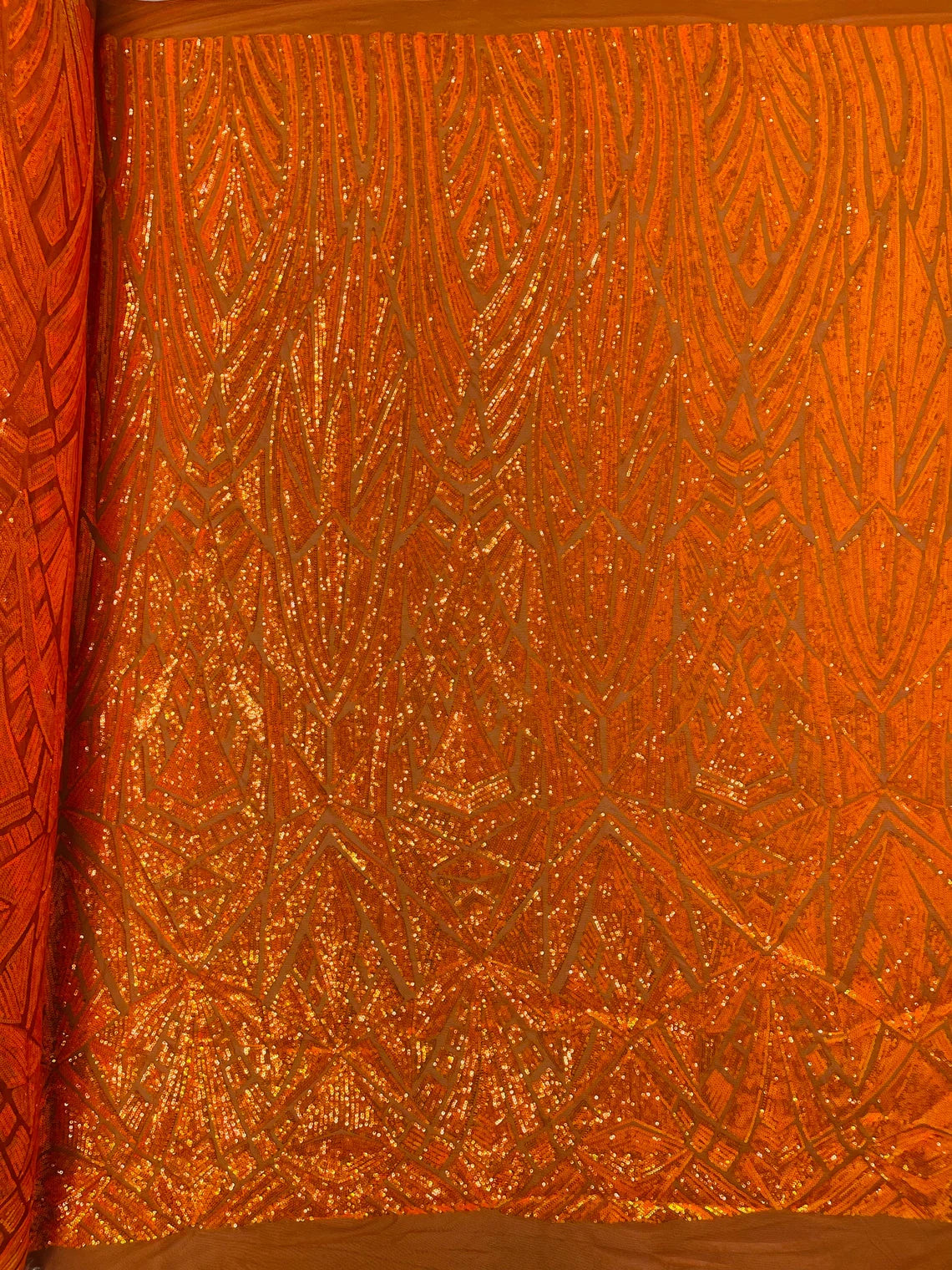Geometric Fabric - Orange - Geometric Sequins Pattern Design 4 Way Stretch Sold By Yard