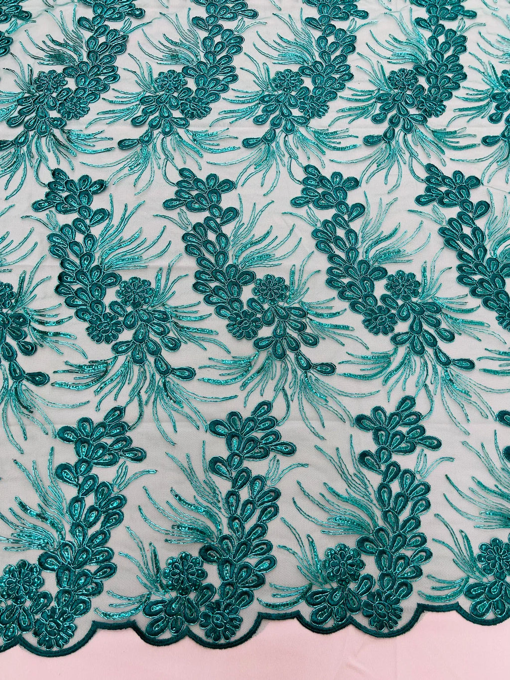 Floral Plant Cluster Fabric - Jade - Embroidered High Quality Lace Fabric Sold by Yard