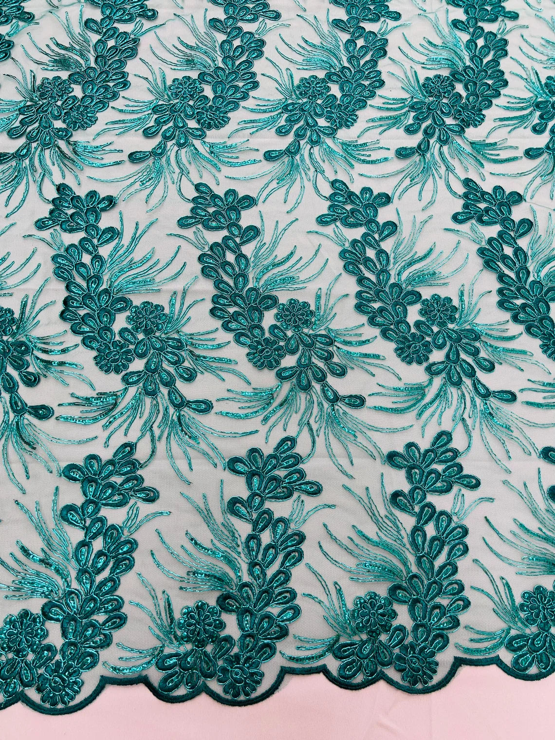Floral Plant Cluster Fabric - Jade - Embroidered High Quality Lace Fabric Sold by Yard