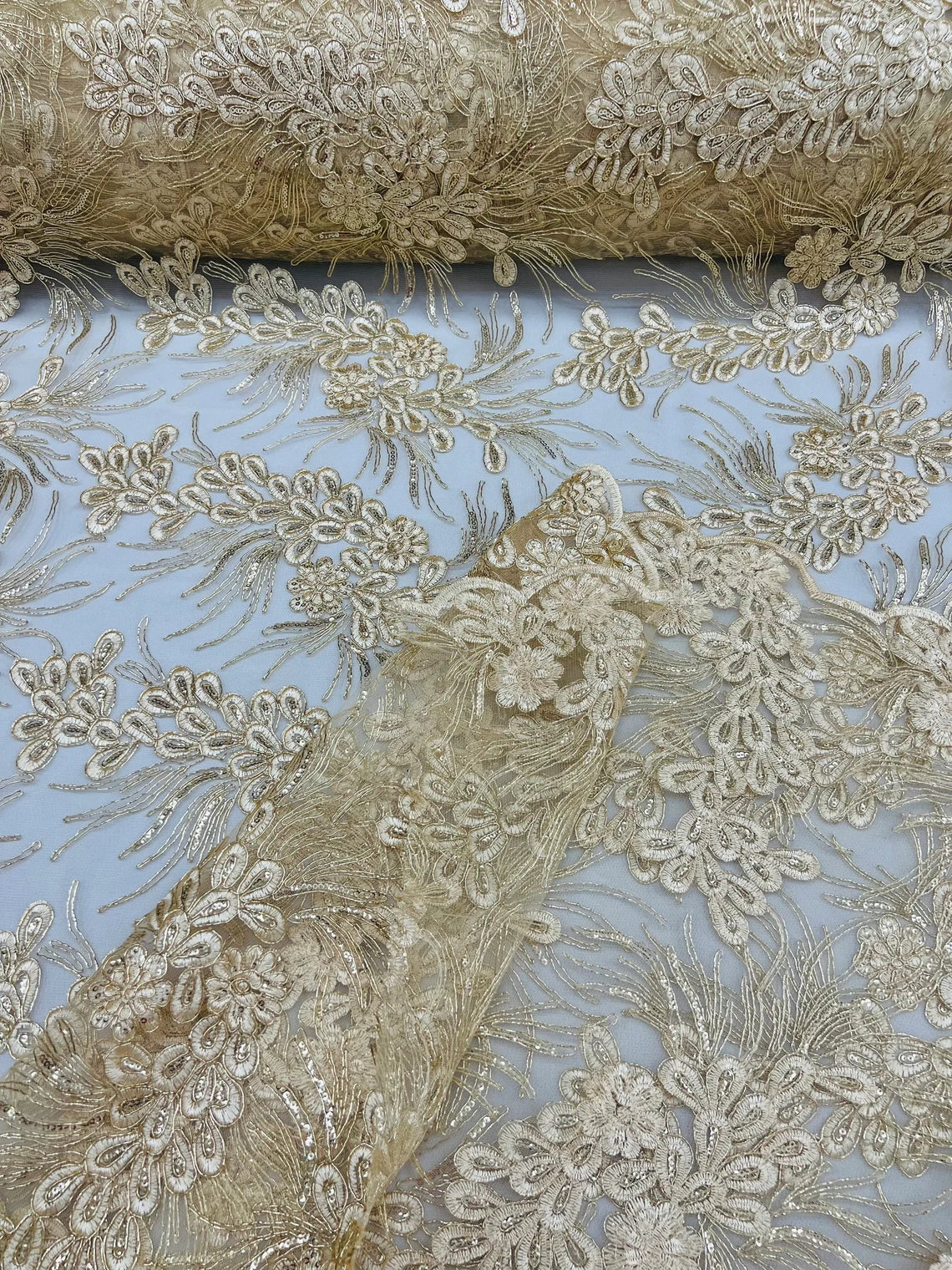 Floral Plant Cluster Fabric - Beige - Embroidered High Quality Lace Fabric Sold by Yard