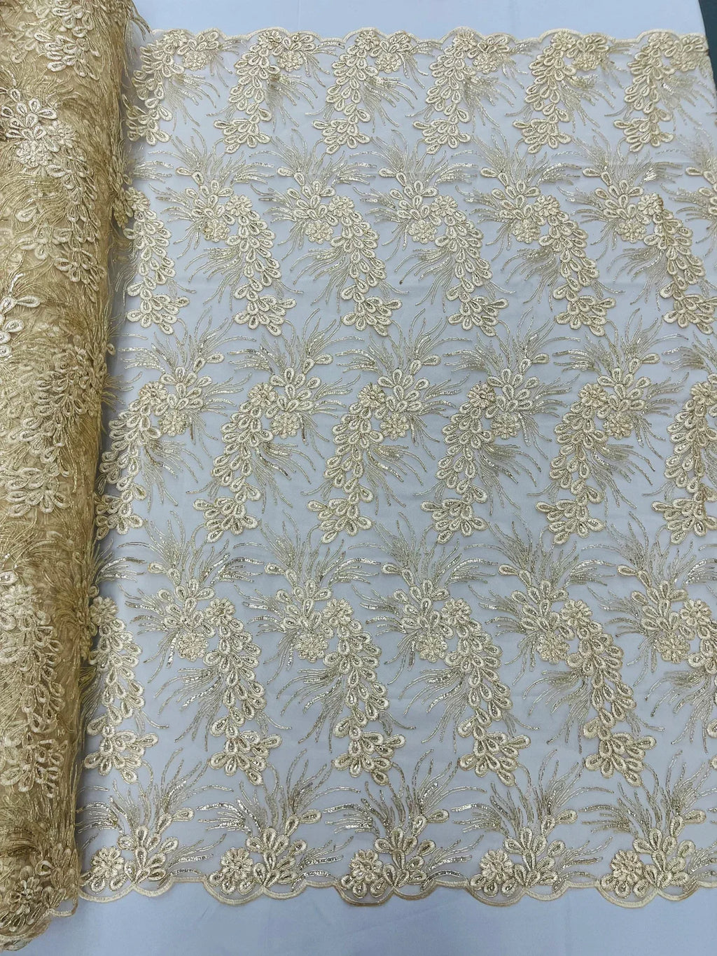 Floral Plant Cluster Fabric - Beige - Embroidered High Quality Lace Fabric Sold by Yard