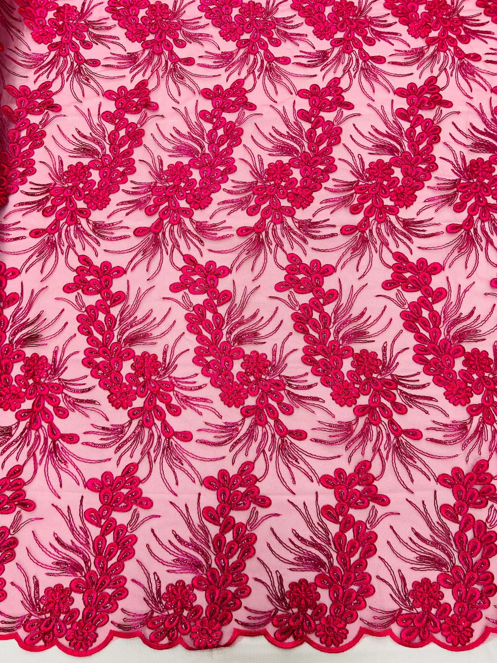 Floral Plant Cluster Fabric - Fuchsia - Embroidered High Quality Lace Fabric Sold by Yard