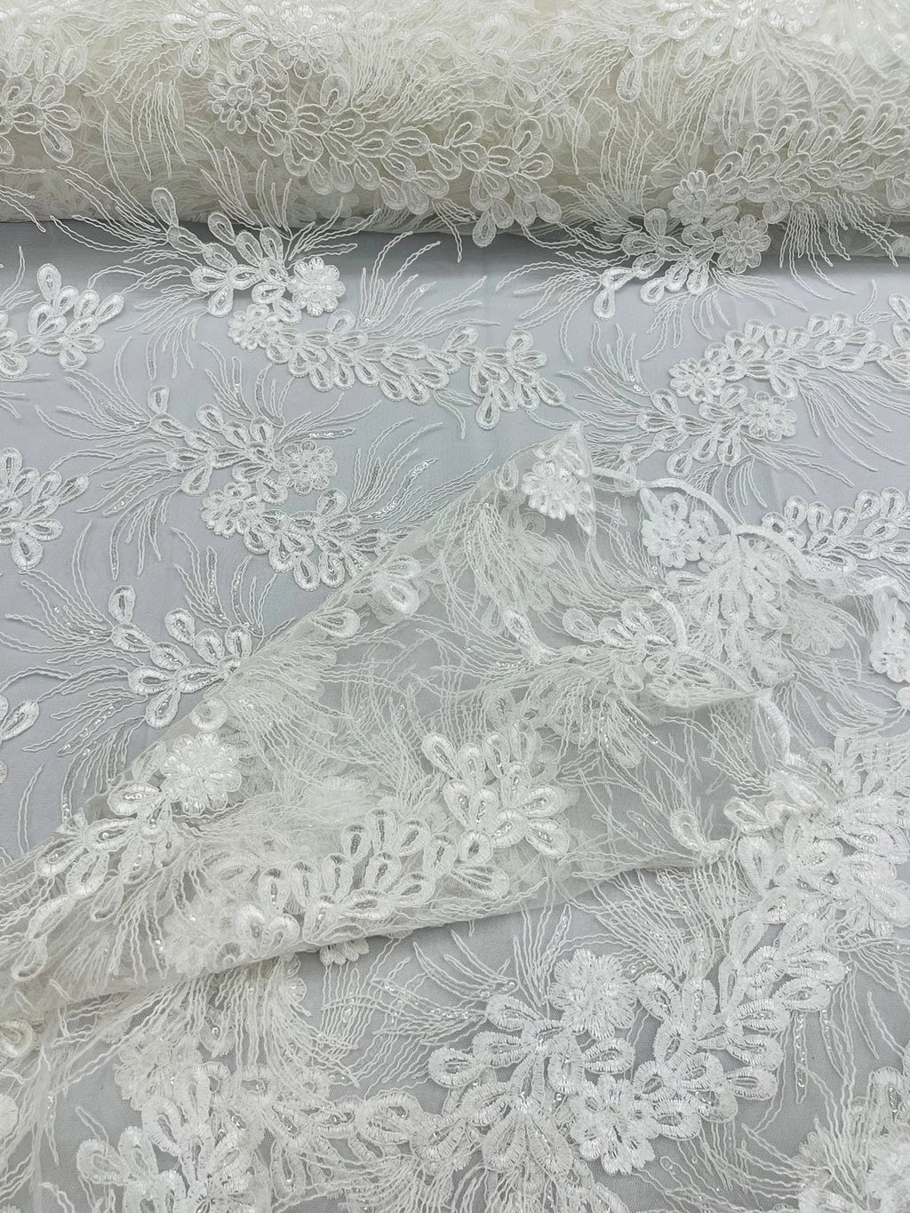Floral Plant Cluster Fabric - Ivory - Embroidered High Quality Lace Fabric Sold by Yard