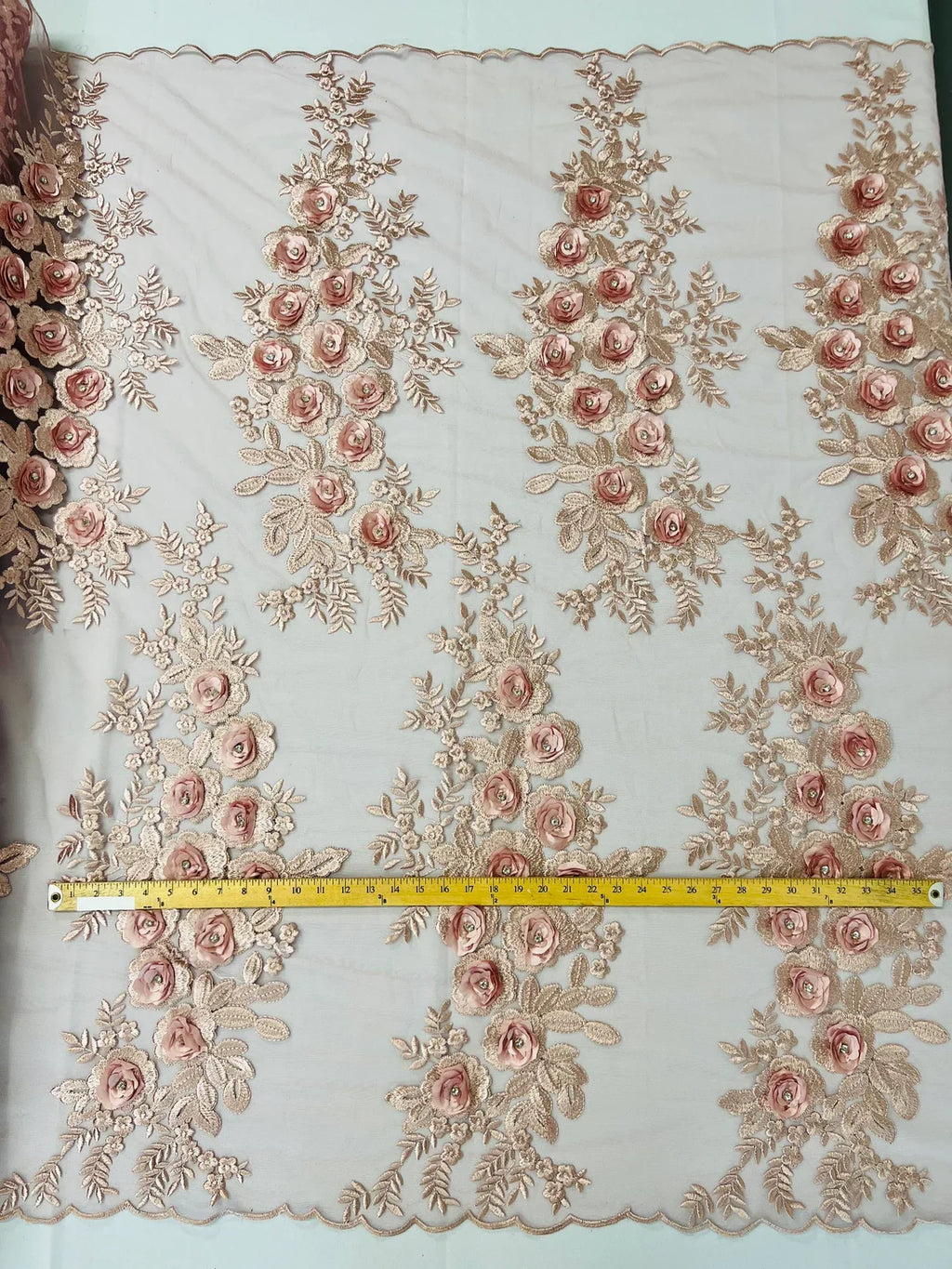 3D Rhinestone Rose Fabric - Dusty Rose - Embroidered 3D Roses Design on Mesh Fabric Sold by Yard