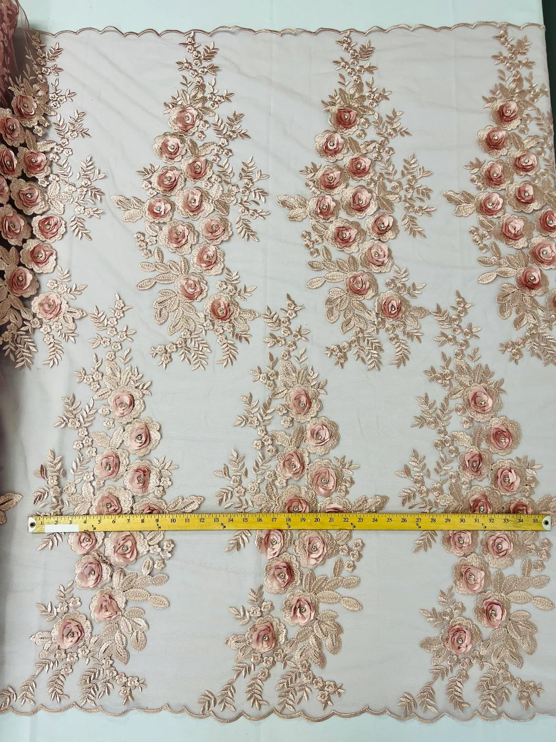 3D Rhinestone Rose Fabric - Dusty Rose - Embroidered 3D Roses Design on Mesh Fabric Sold by Yard