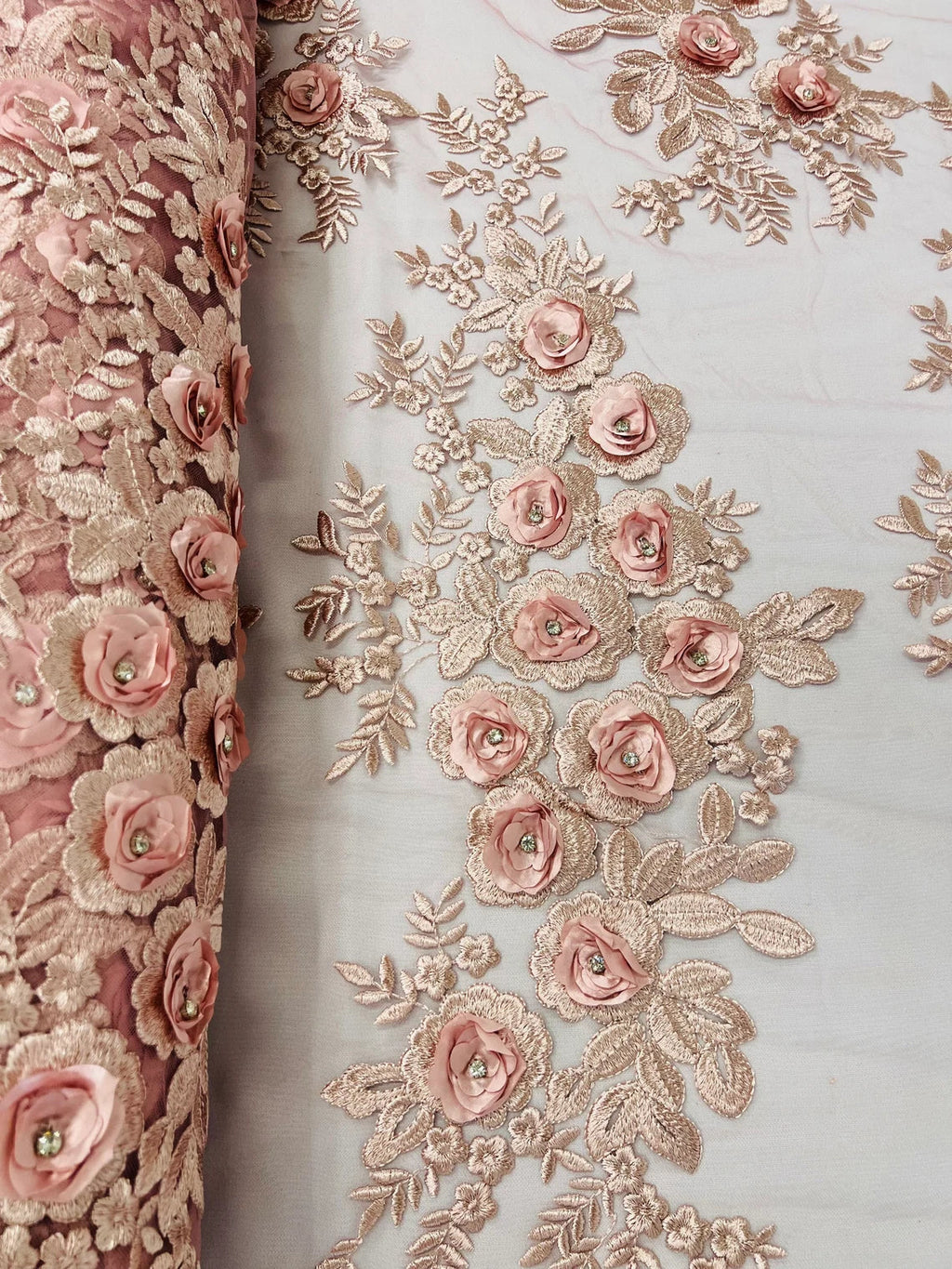 3D Rhinestone Rose Fabric - Dusty Rose - Embroidered 3D Roses Design on Mesh Fabric Sold by Yard