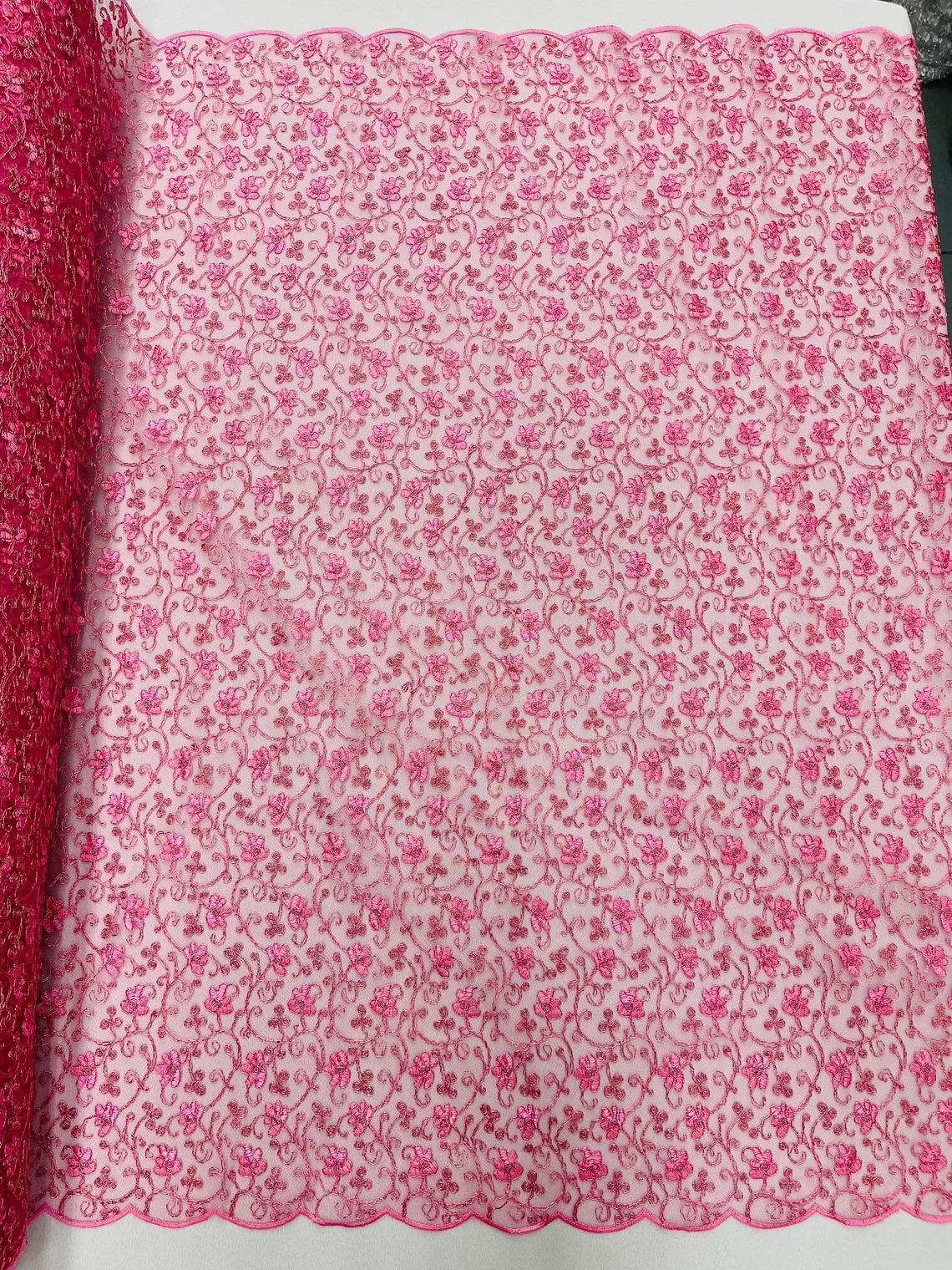 Metallic Floral Lace Fabric - Dusty Rose - Embroidered  Flower Design on Lace Mesh Fabric By Yard