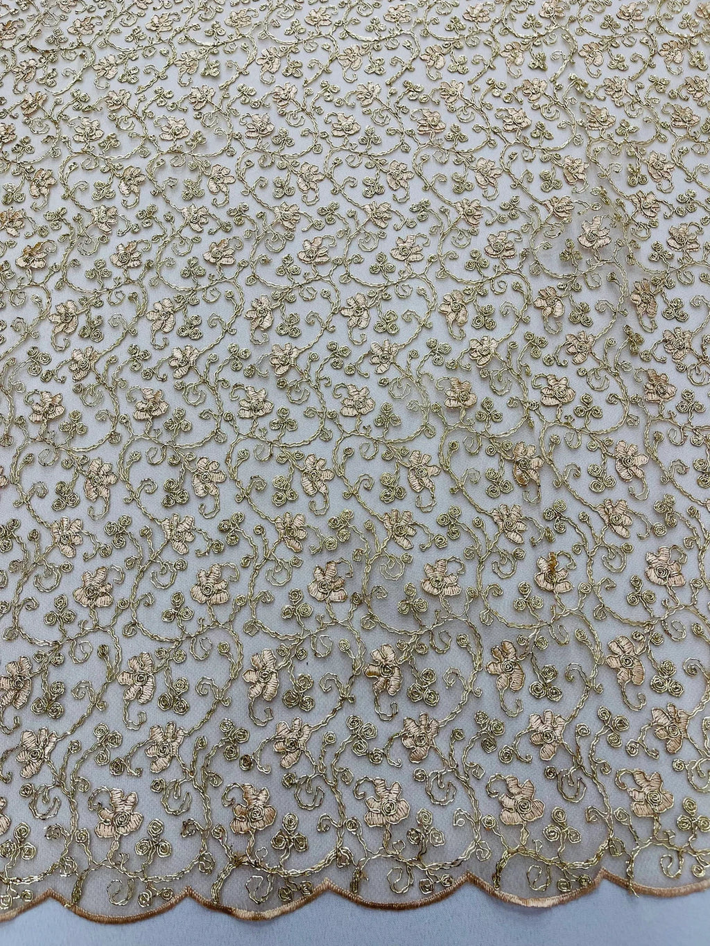 Metallic Floral Lace Fabric - Gold  - Embroidered  Flower Design on Lace Mesh Fabric By Yard