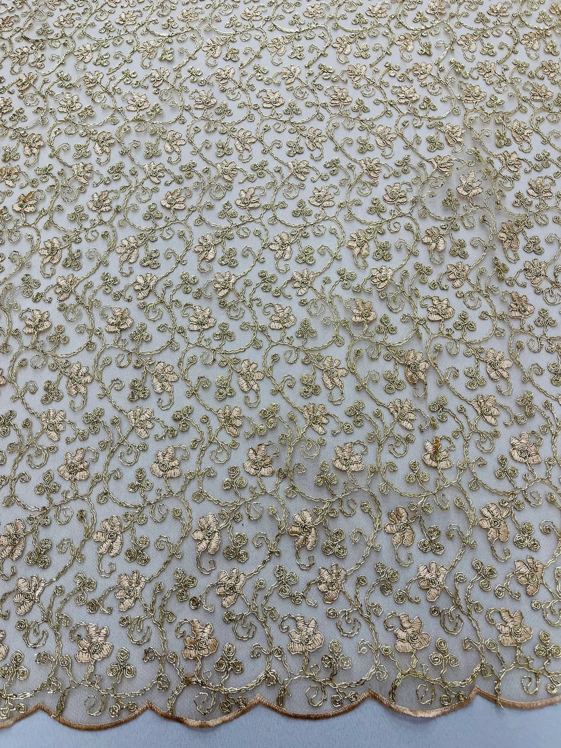 Metallic Floral Lace Fabric - Gold  - Embroidered  Flower Design on Lace Mesh Fabric By Yard