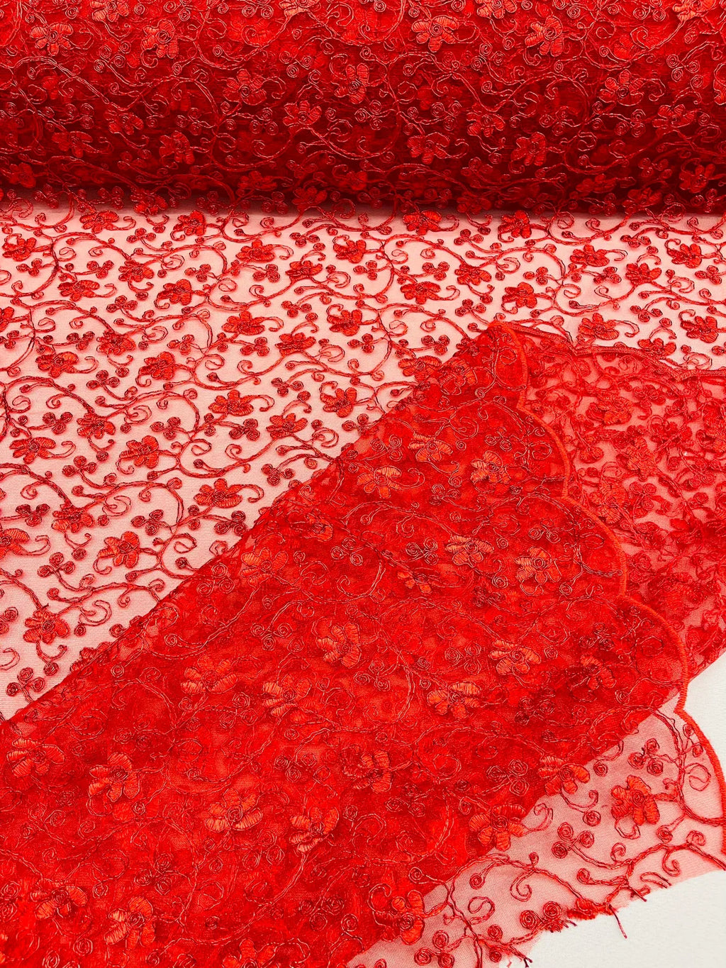 Metallic Floral Lace Fabric - Red - Embroidered  Flower Design on Lace Mesh Fabric By Yard
