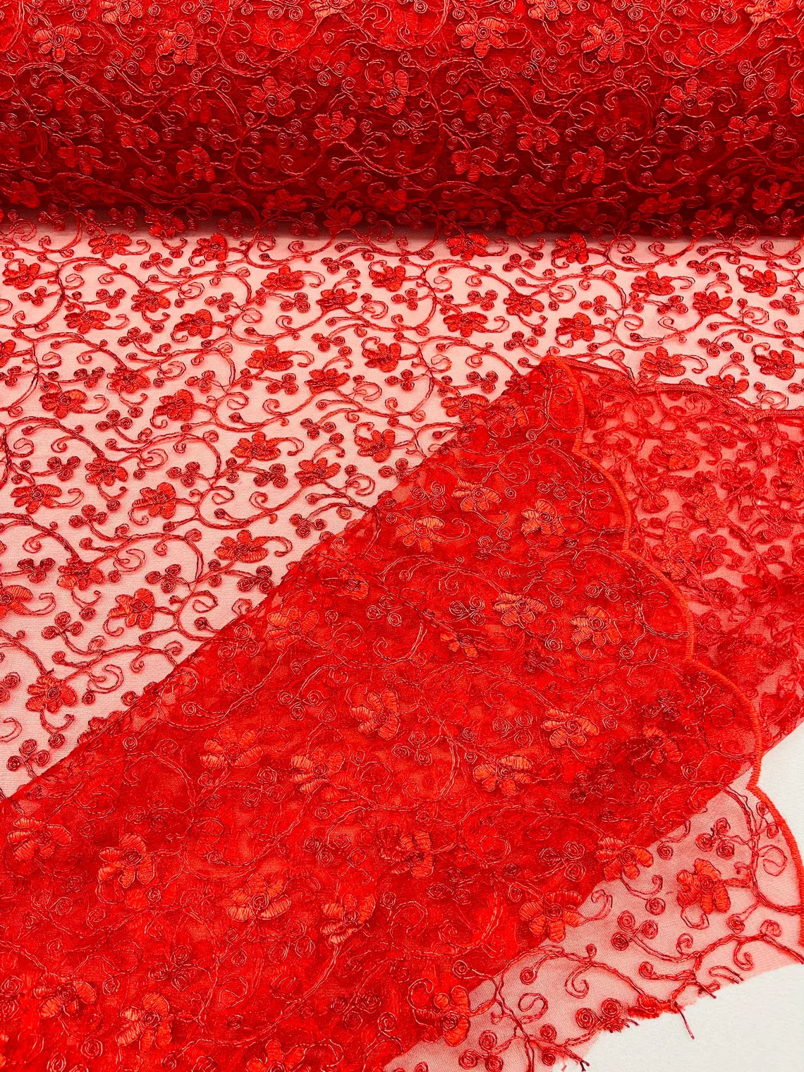 Metallic Floral Lace Fabric - Red - Embroidered  Flower Design on Lace Mesh Fabric By Yard