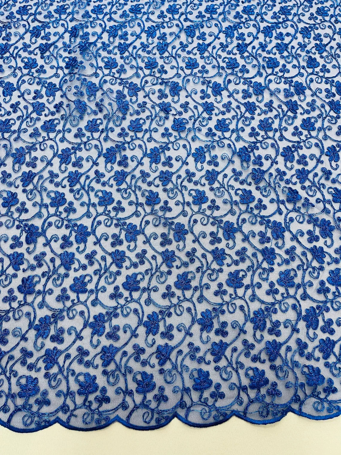 Metallic Floral Lace Fabric - Royal Blue - Embroidered  Flower Design on Lace Mesh Fabric By Yard