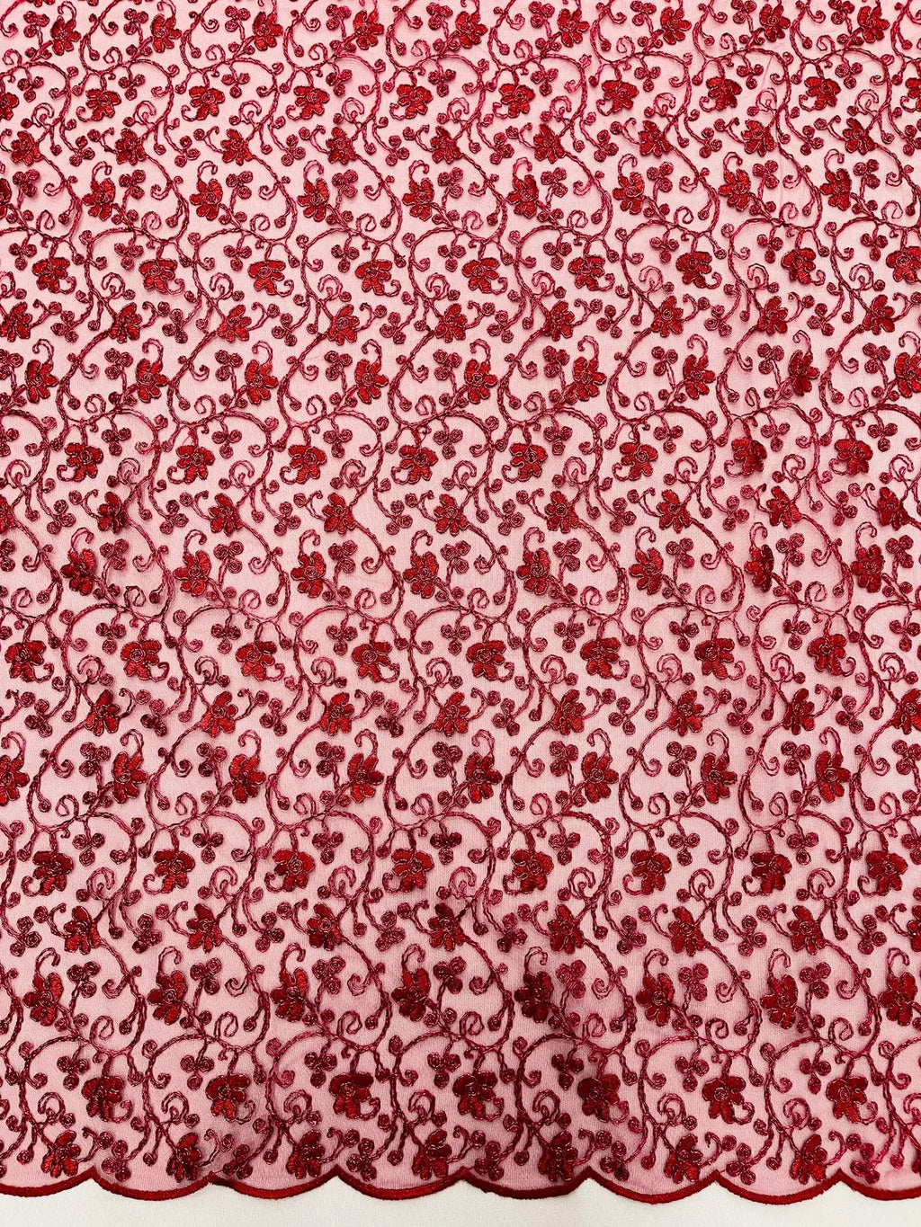 Metallic Floral Lace Fabric - Burgundy - Embroidered  Flower Design on Lace Mesh Fabric By Yard