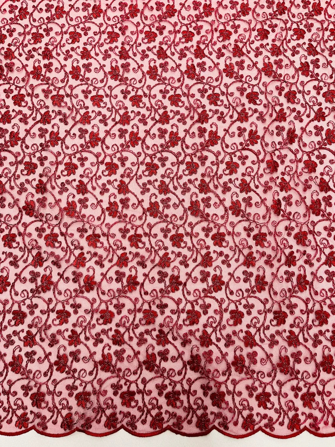 Metallic Floral Lace Fabric - Burgundy - Embroidered  Flower Design on Lace Mesh Fabric By Yard