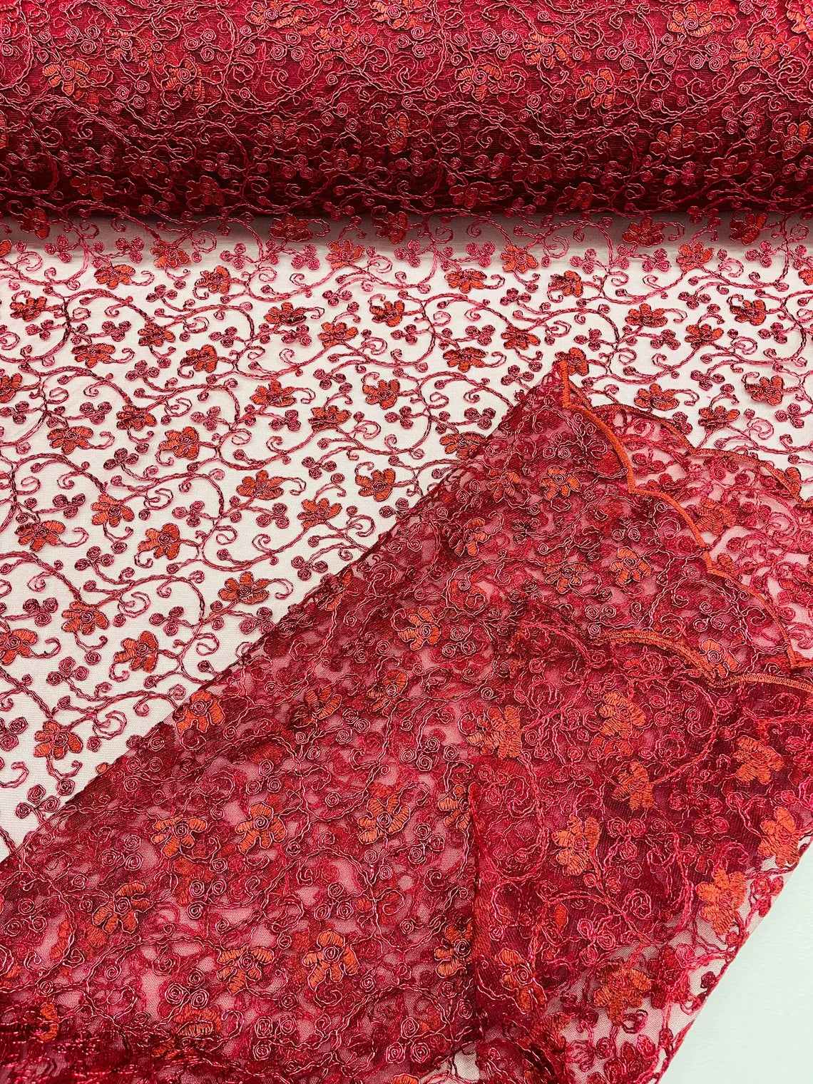 Metallic Floral Lace Fabric - Burgundy - Embroidered  Flower Design on Lace Mesh Fabric By Yard