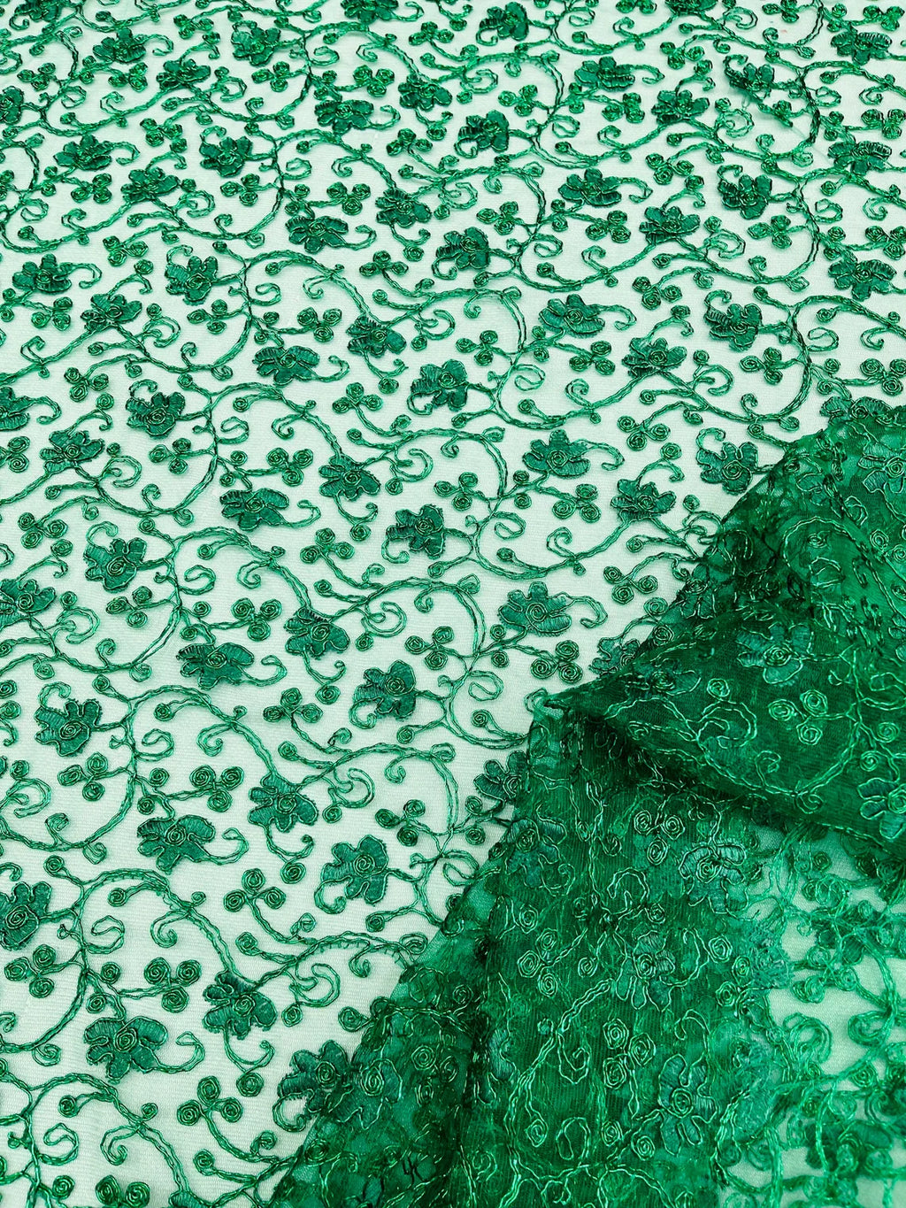 Metallic Floral Lace Fabric - Metallic Green - Embroidered  Flower Design on Lace Mesh Fabric By Yard